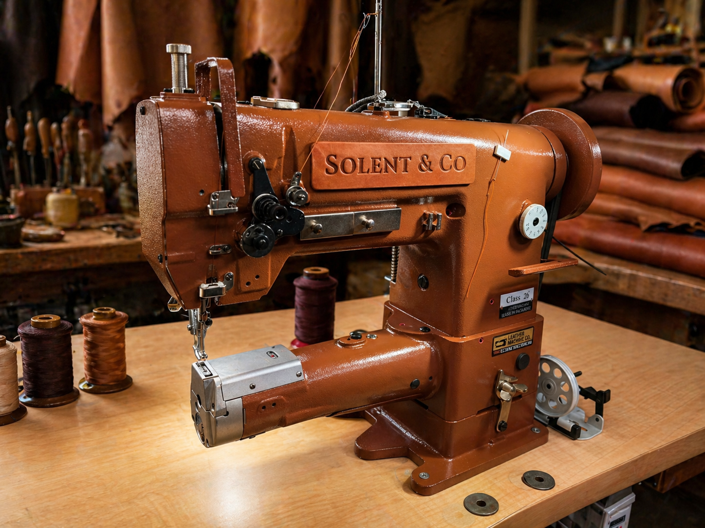An industrial sewing machine on a wooden workbench surrounded by spools of leather thread in a leather workshop.