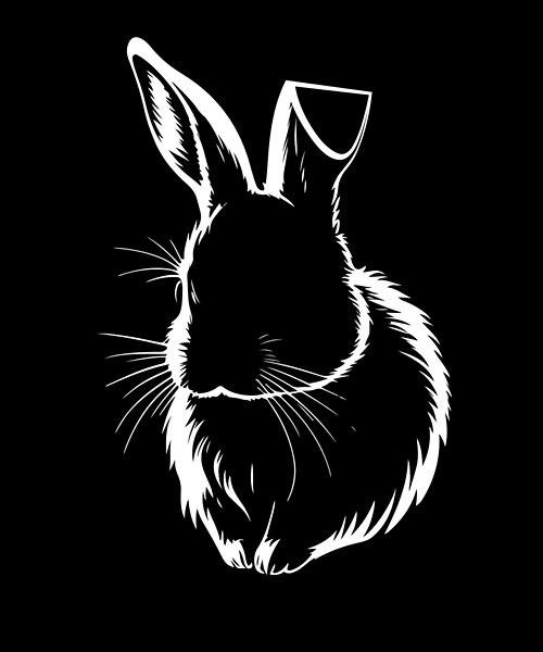 Black and white silhouette of a rabbit with one ear up and one ear down, on a black background.