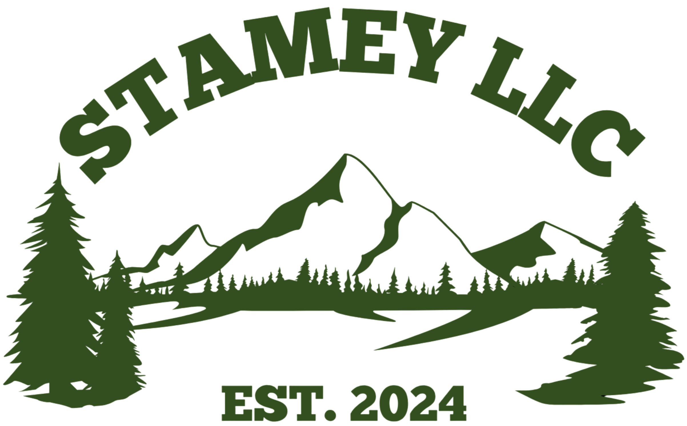 Green logo with mountain, pine trees, and river, reading "Stamey LLC, EST. 2024" in bold letters.