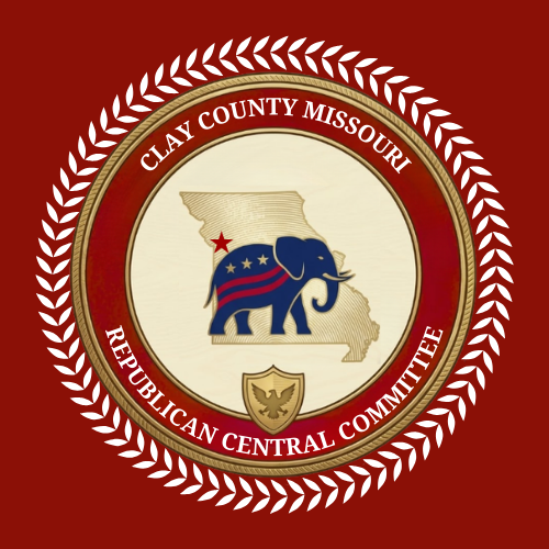 Seal of Clay County Missouri Republican Central Committee featuring an elephant with the Missouri state outline in the background.