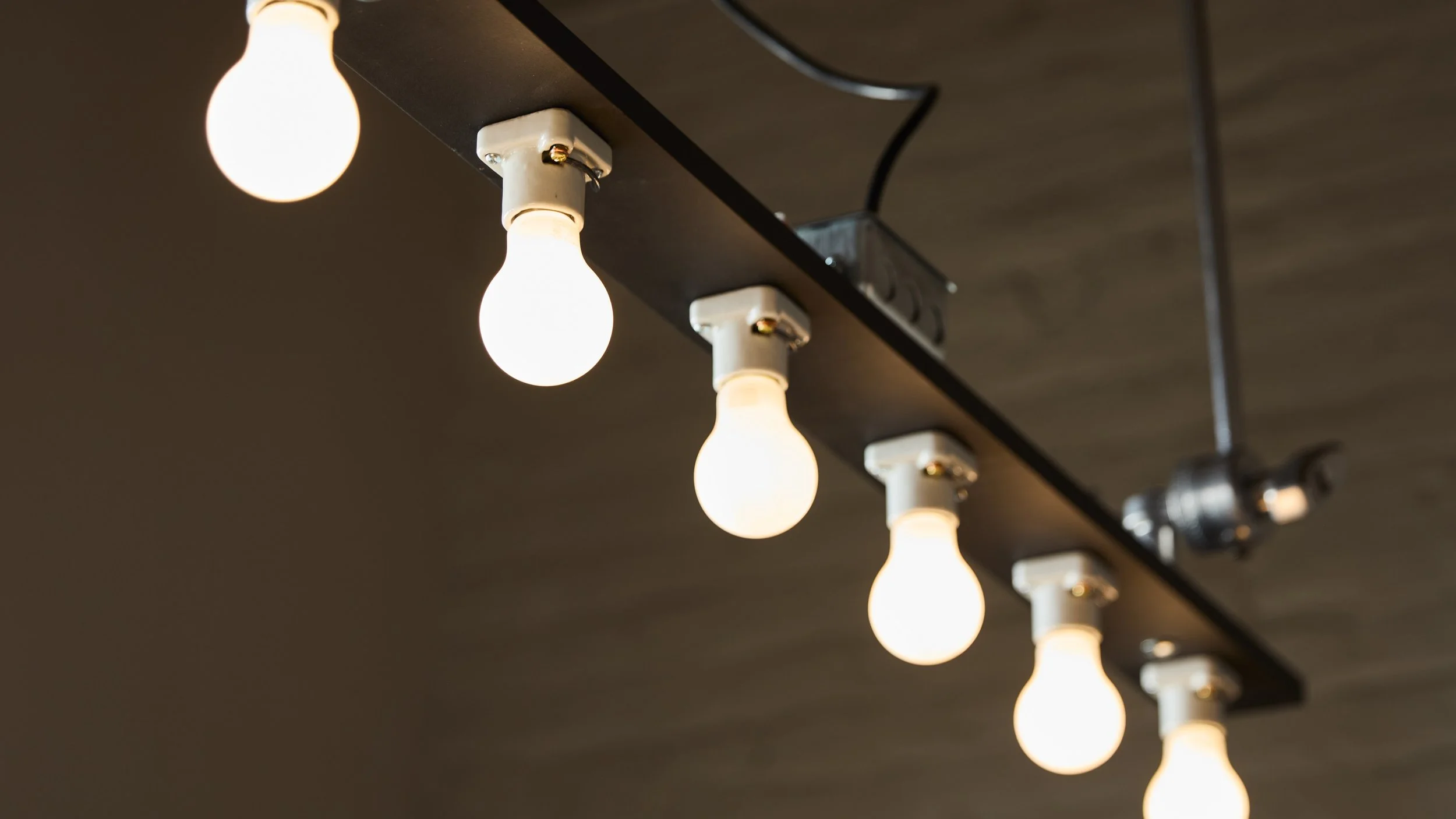 Industrial chic batten light fixture suspended from studio lighting grid at Green Relish Studio. This type of soft light quality flattering on faces because the linear strip creates a softer source.