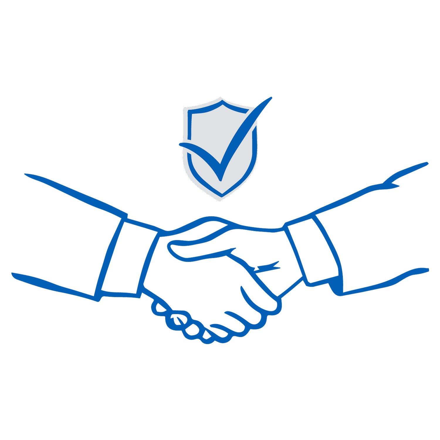 Blue outline of two hands shaking with a shield and checkmark symbol above.