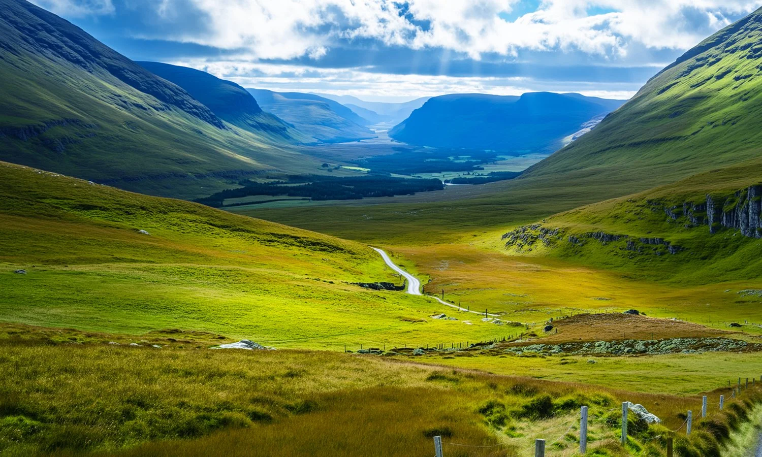 Green valley surrounded by rolling hills and mountains with a winding road and a river