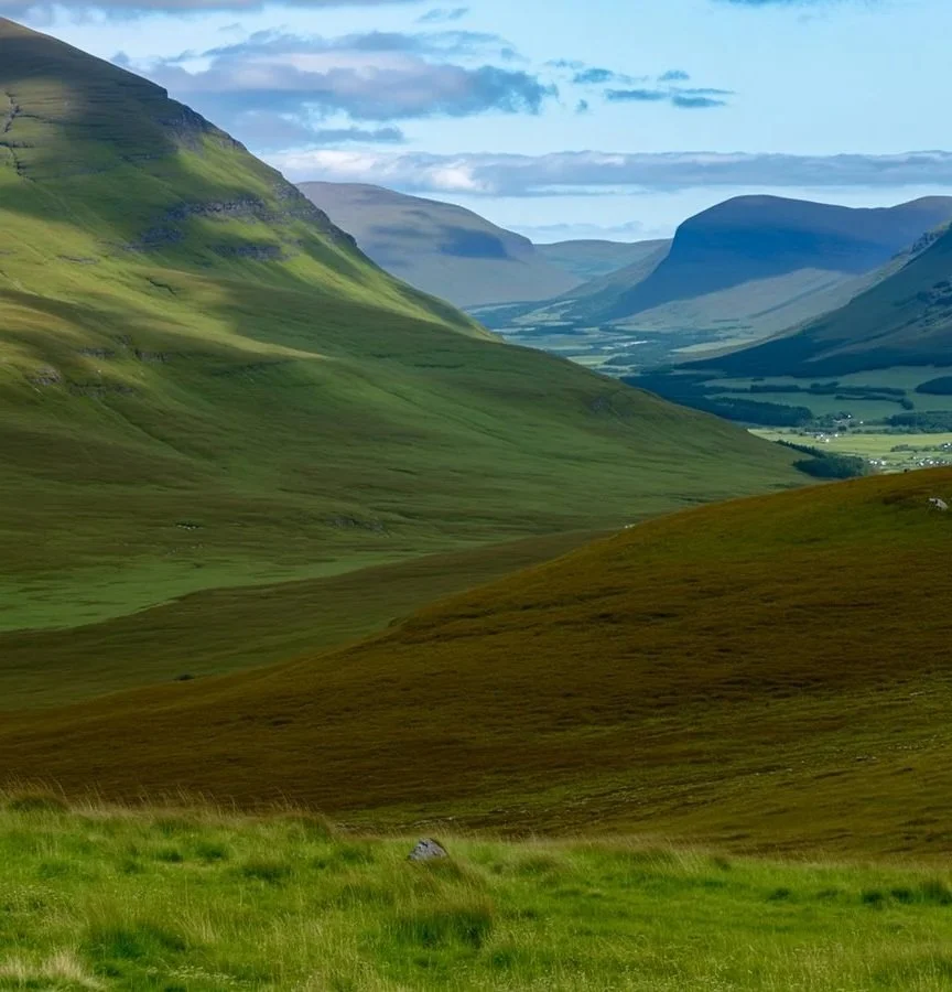 Lush green mountains and valleys under a partly cloudy sky.
