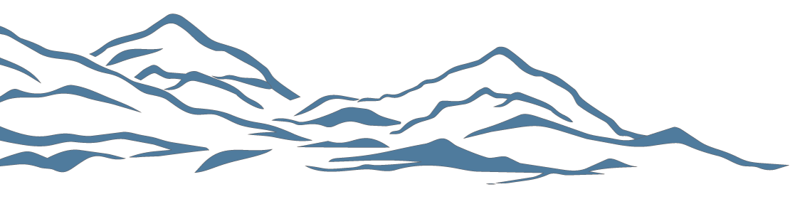 Stylized illustration of mountain range with dark blue peaks against a black background.