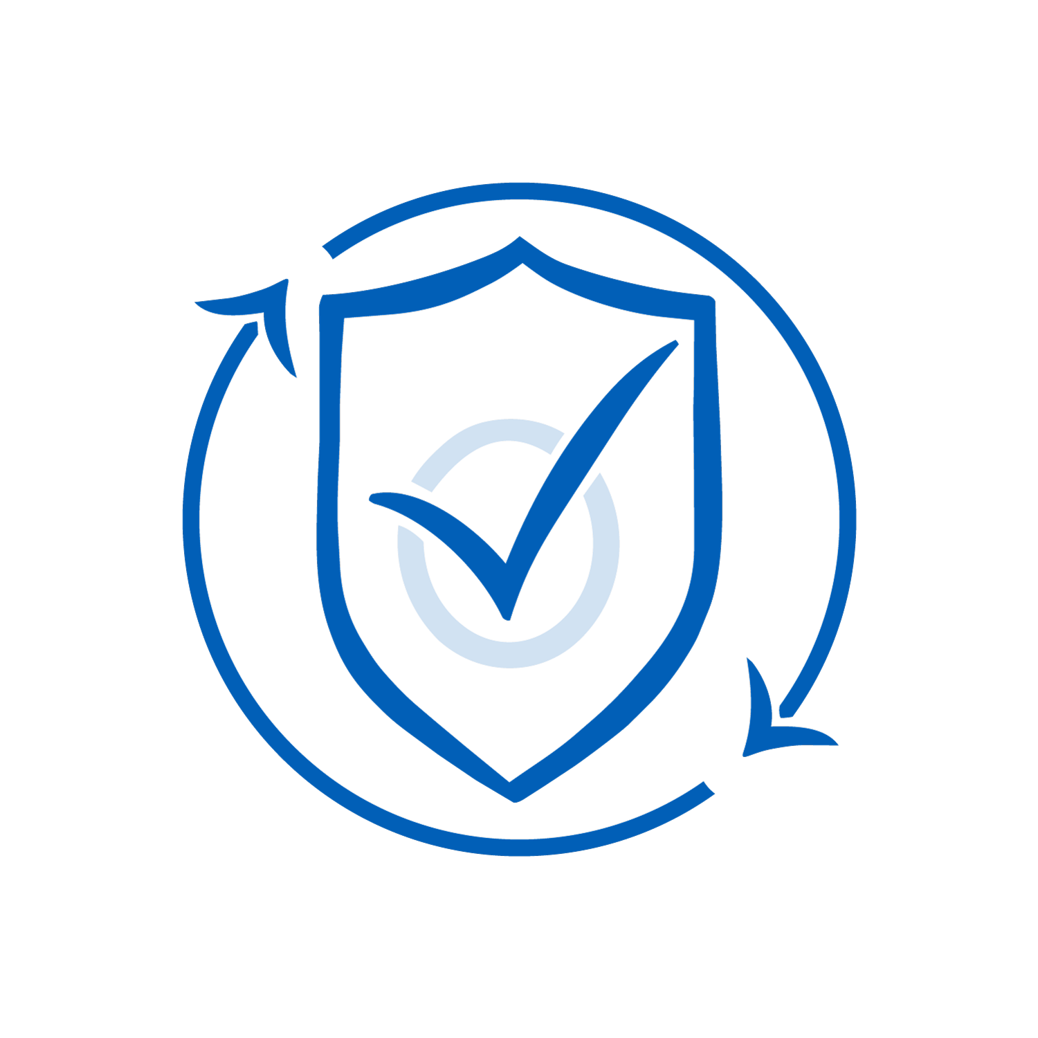A shield with a check mark inside, surrounded by a circular arrow, representing security and protection.