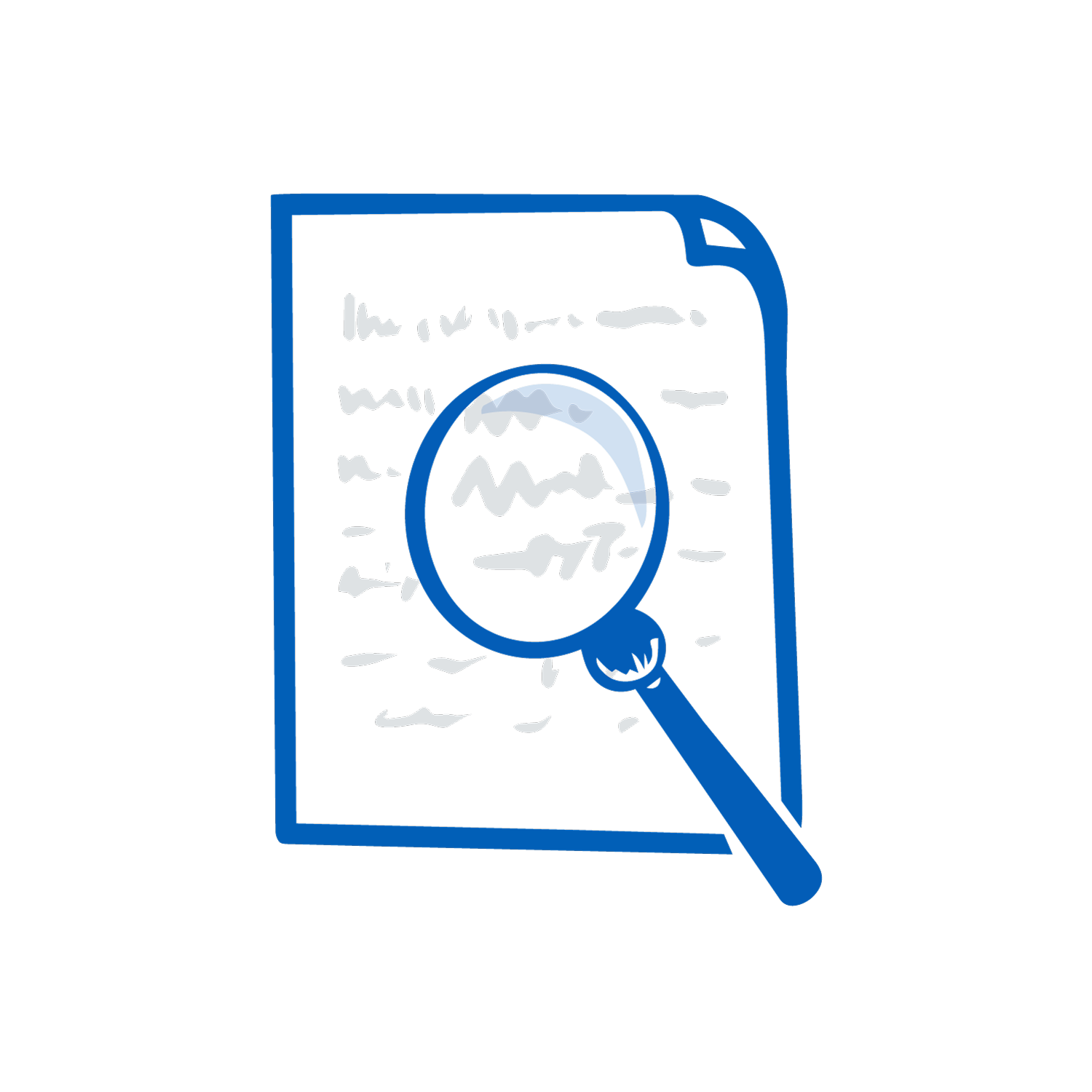 Hand-drawn illustration of a document with a magnifying glass focusing on text, suggesting research or investigative review.