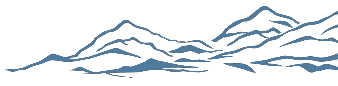 Stylized blue mountain landscape silhouette against black background.
