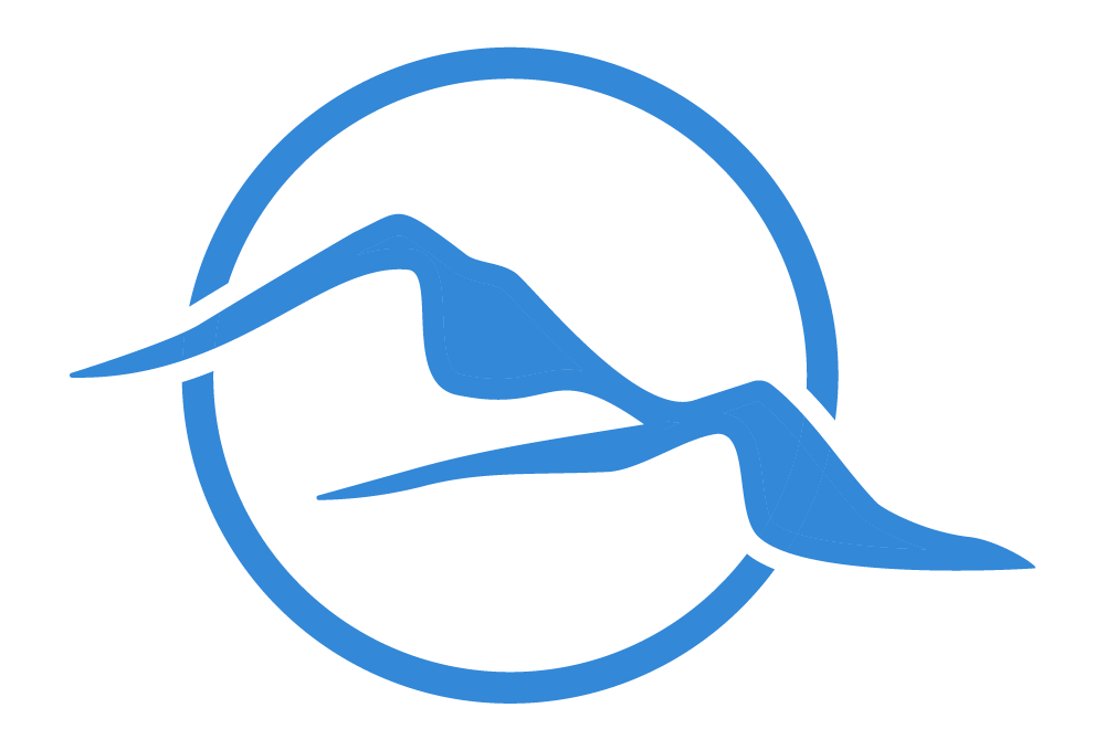Blue logo featuring a stylized mountain range within a circle.