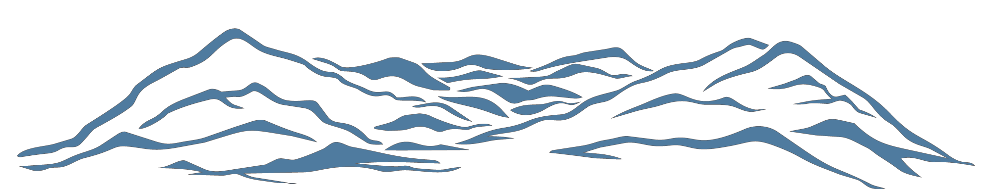 Illustration of mountain range with multiple peaks and ridges in dark blue outlined on a black background.