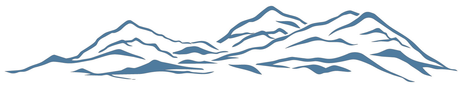 Stylized illustration of layered mountains in shades of blue and black.