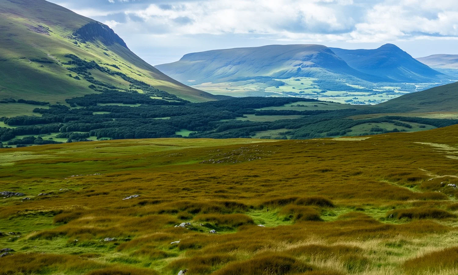 A scenic landscape featuring rolling green hills and mountains in the distance under a cloudy sky.