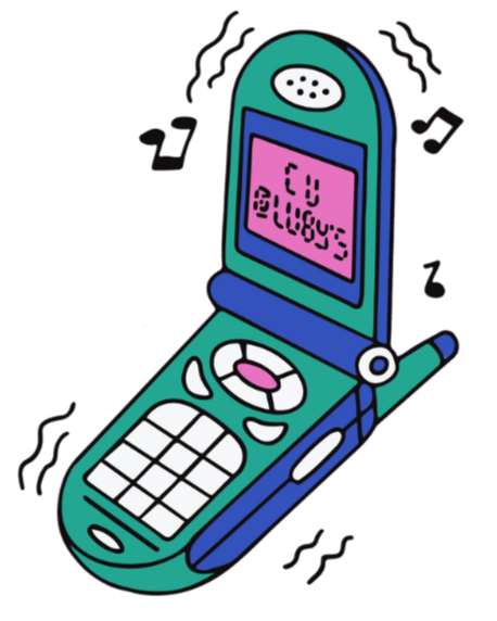 A cartoon illustration of a flip phone with musical notes and steaming lines indicating sound and heat, with a text message on the screen.
