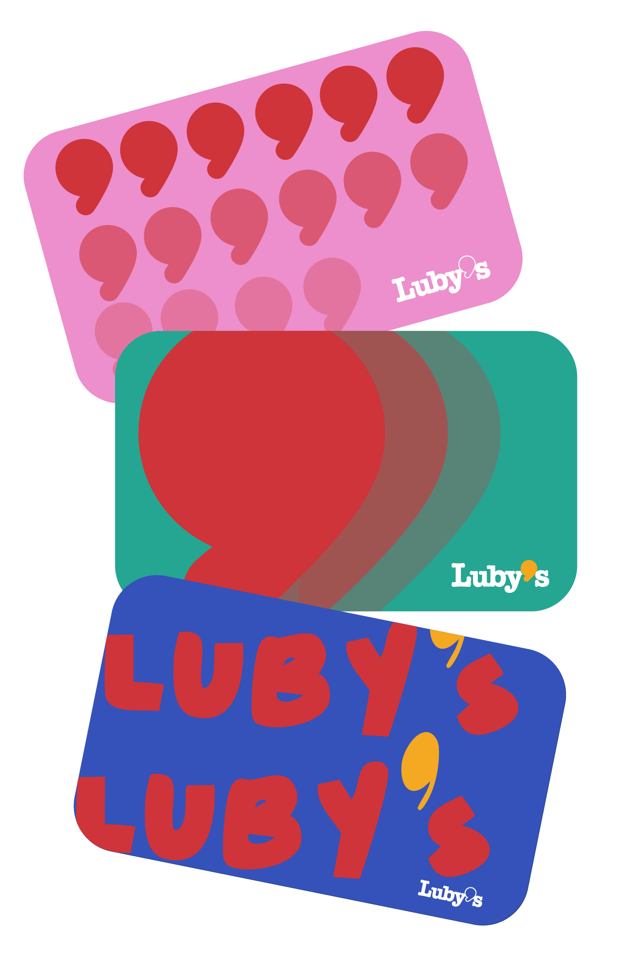 Colorful packaging for Luby's, featuring multiple designs with red text, a large red heart, and a pink and blue theme.