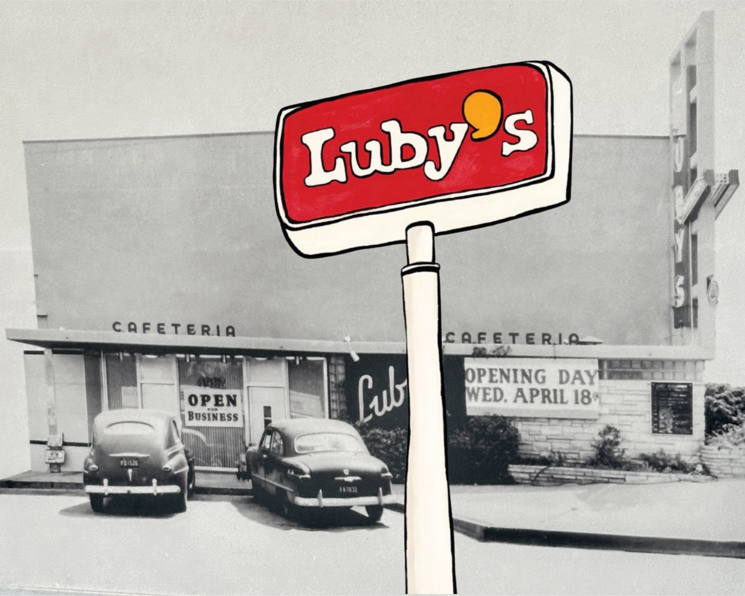 A street scene showing a red sign with the word 'Luby's' and a yellow mustard-like icon on it. In the background, there is a building with signs indicating it is a cafeteria and an opening day notice for April 18. Several cars are parked in front of the building.