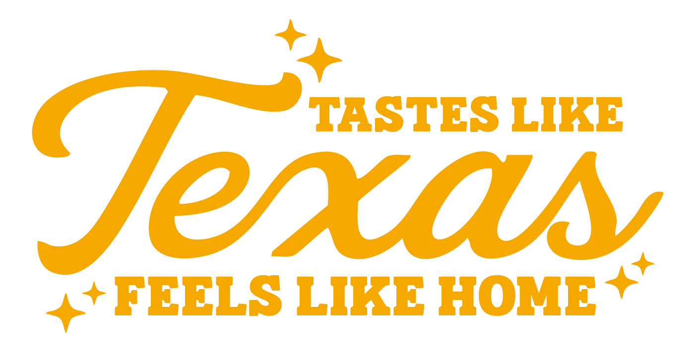 Logo with the text 'Tastes Like Texas Feels Like Home' in orange, with decorative stars.