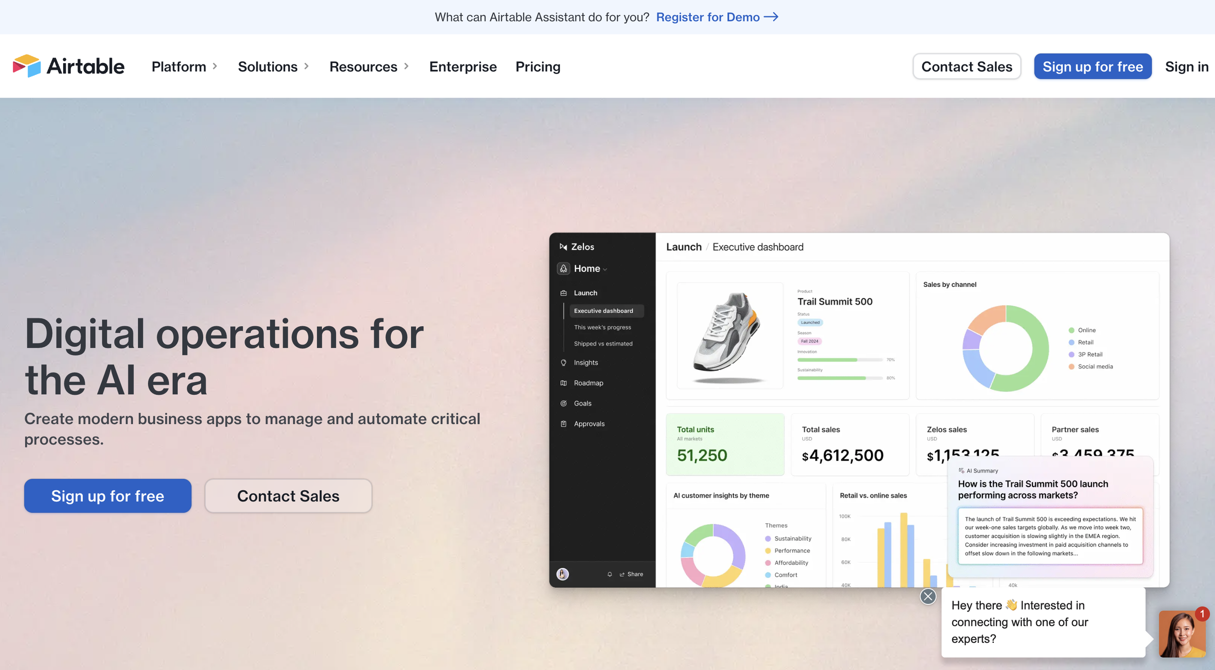 Screenshot of the Airtable homepage showing digital operations dashboards and automation features, highlighting how these tools can function as conference planning tools to manage and streamline event logistics and data.
