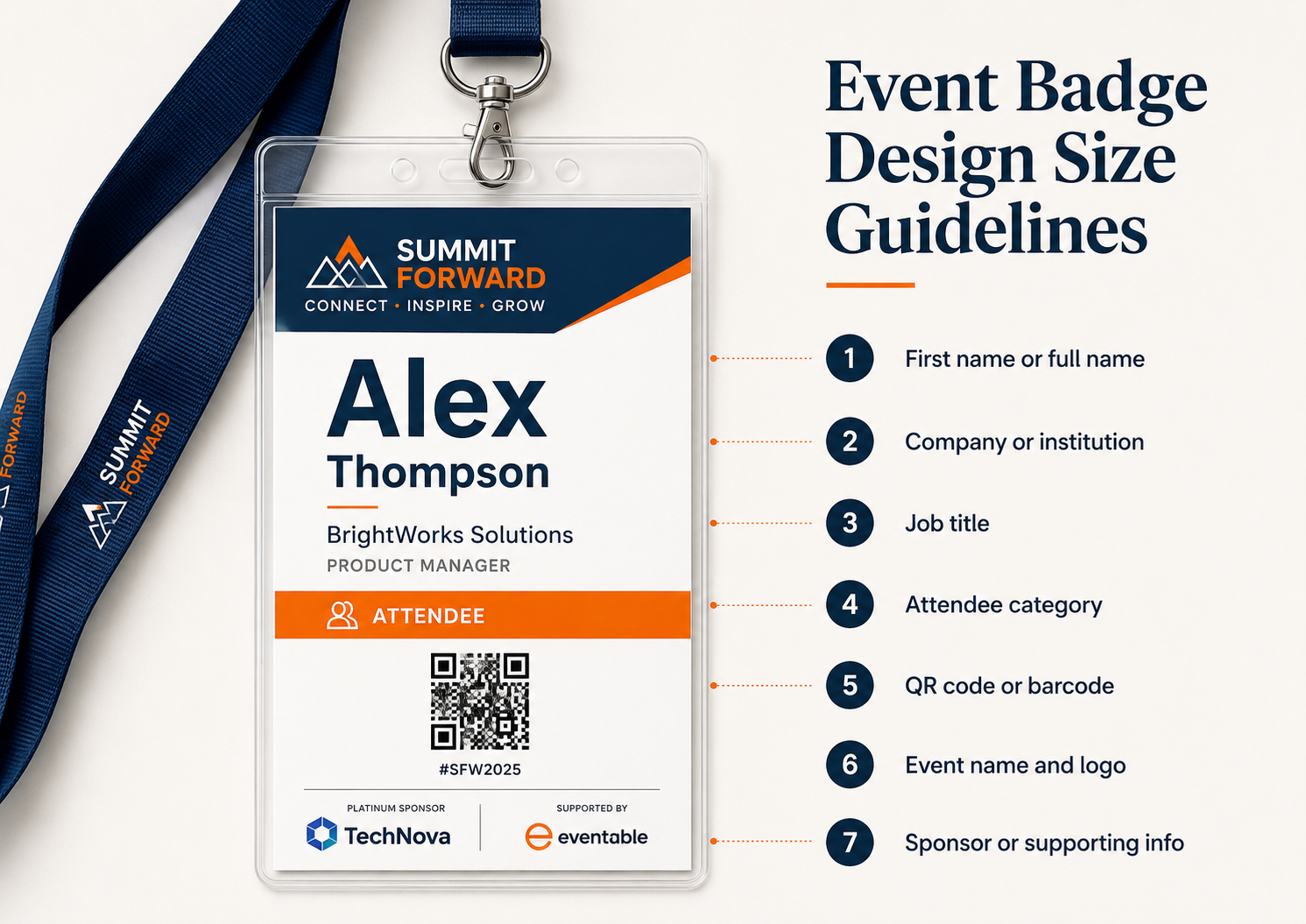 Event badge design infographic showing name hierarchy company title QR code and attendee category placement