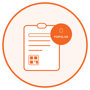 A graphic icon of a document with a bullet point list, a grid icon, and a large orange circle labeled "Popular".