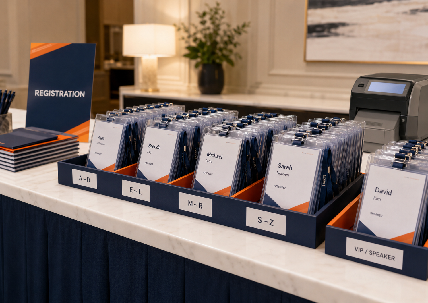 Pre-printed event badges organized alphabetically in trays beside a badge printer at registration.png