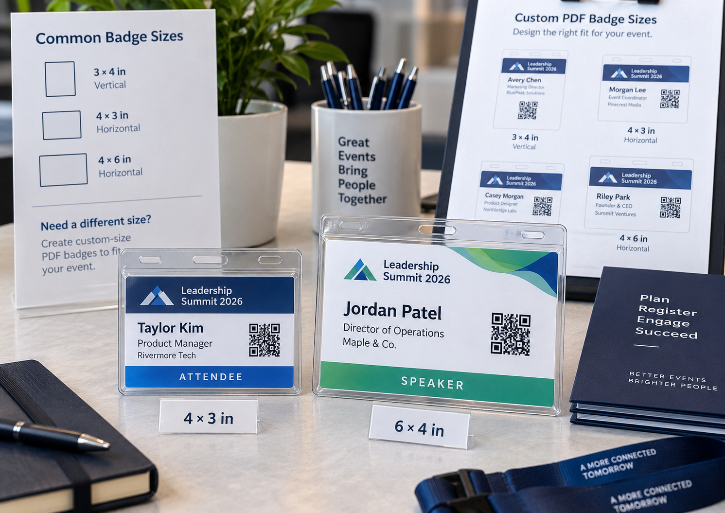 Event badge size comparison showing 4 by 3 inch and 6 by 4 inch insert-and-holder badges with common format guidance and custom PDF badge options