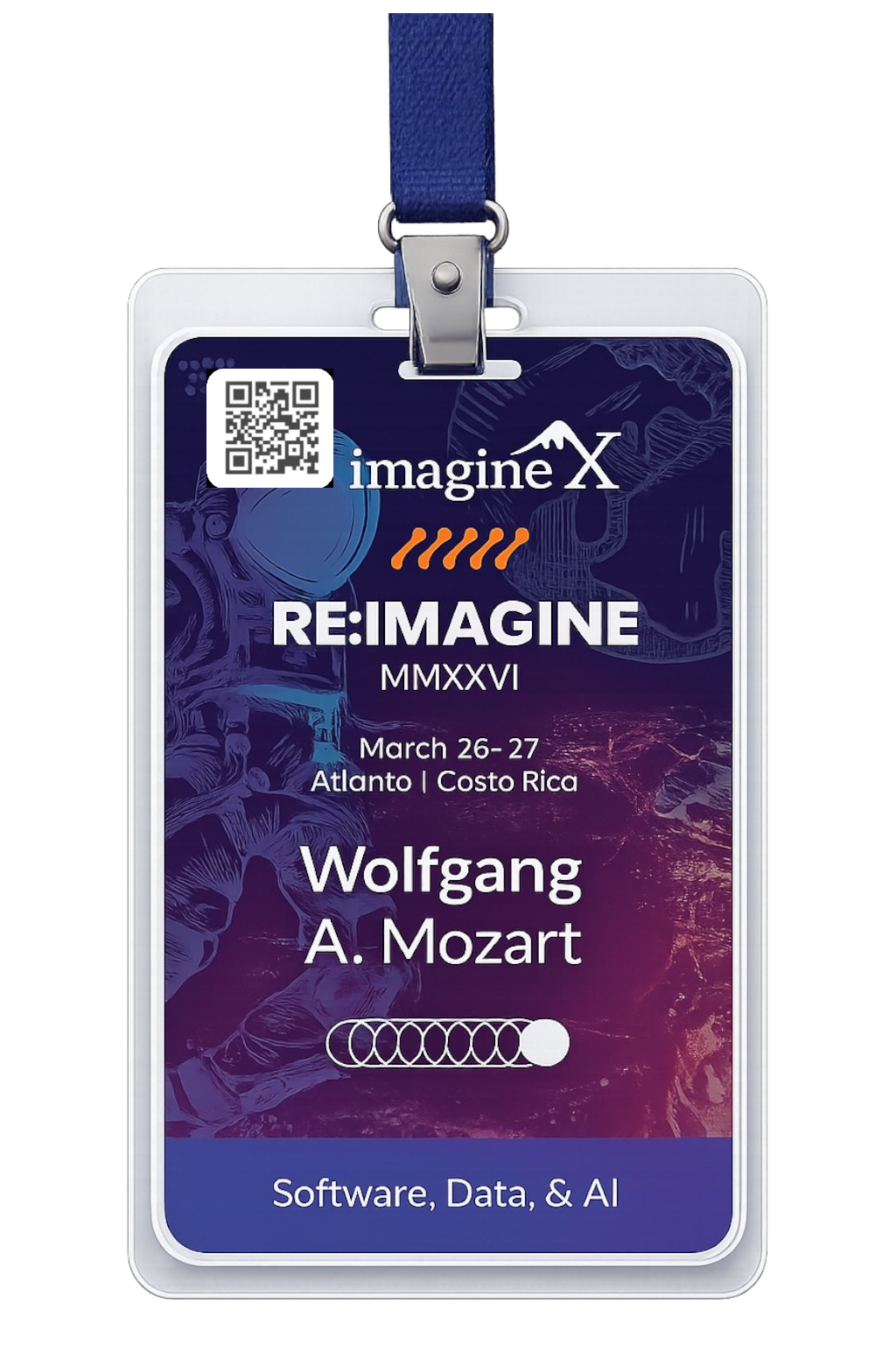Conference badge with text about 'imagineX REIMAGINE,' event on March 26-27 in Atlanta, Costa Rica, featuring Wolfgang A. Mozart, focusing on software, data, and AI