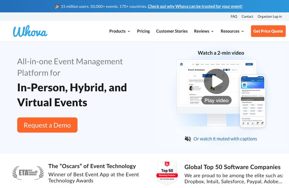 Screenshot of the Whova homepage highlighting all-in-one conference planning tools for managing in-person, hybrid, and virtual events with options to request a demo.