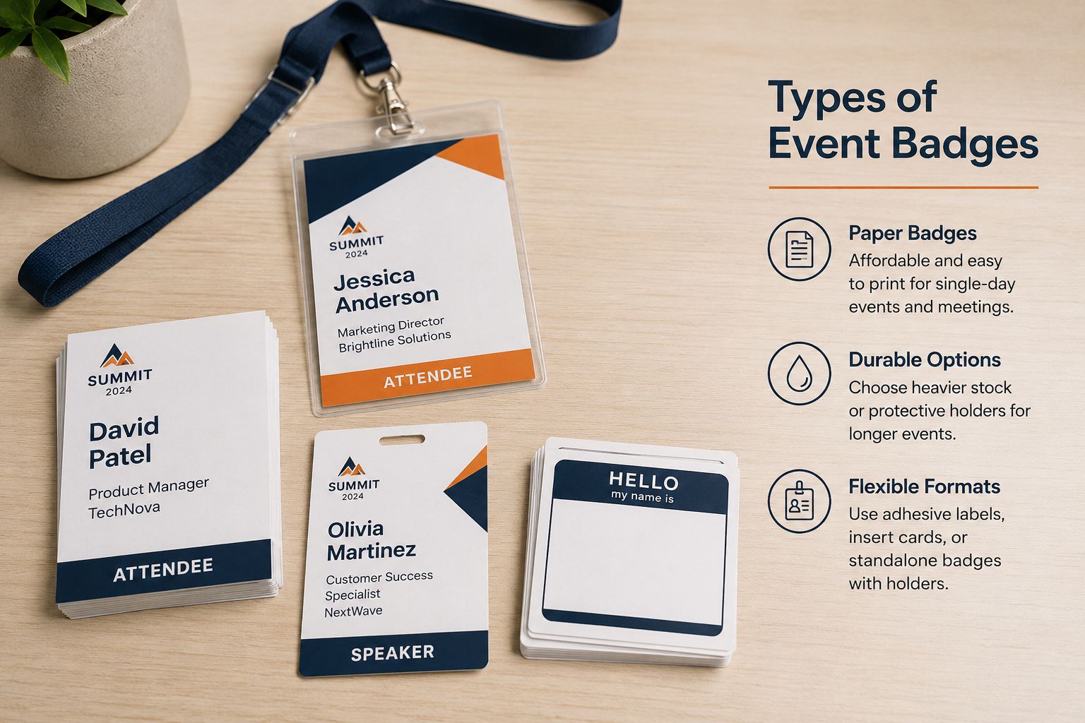 Paper event badges, badge holders and lanyards arranged beside examples of durable event badge formats