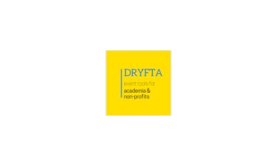 Yellow square with blue text reading "DRYFTA" and smaller text "event tools for academia & non profits".