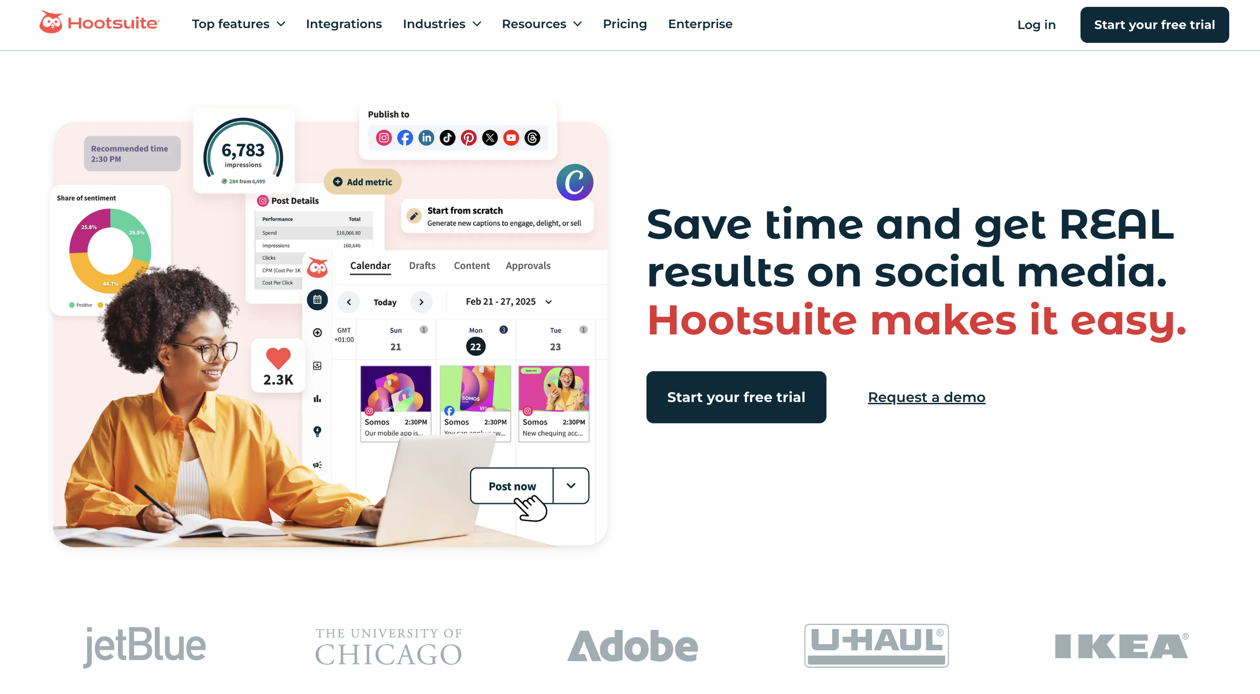 Screenshot of the Hootsuite homepage showing social media management dashboards, emphasizing how these platforms can be leveraged as conference planning tools for promoting events and engaging attendees online.