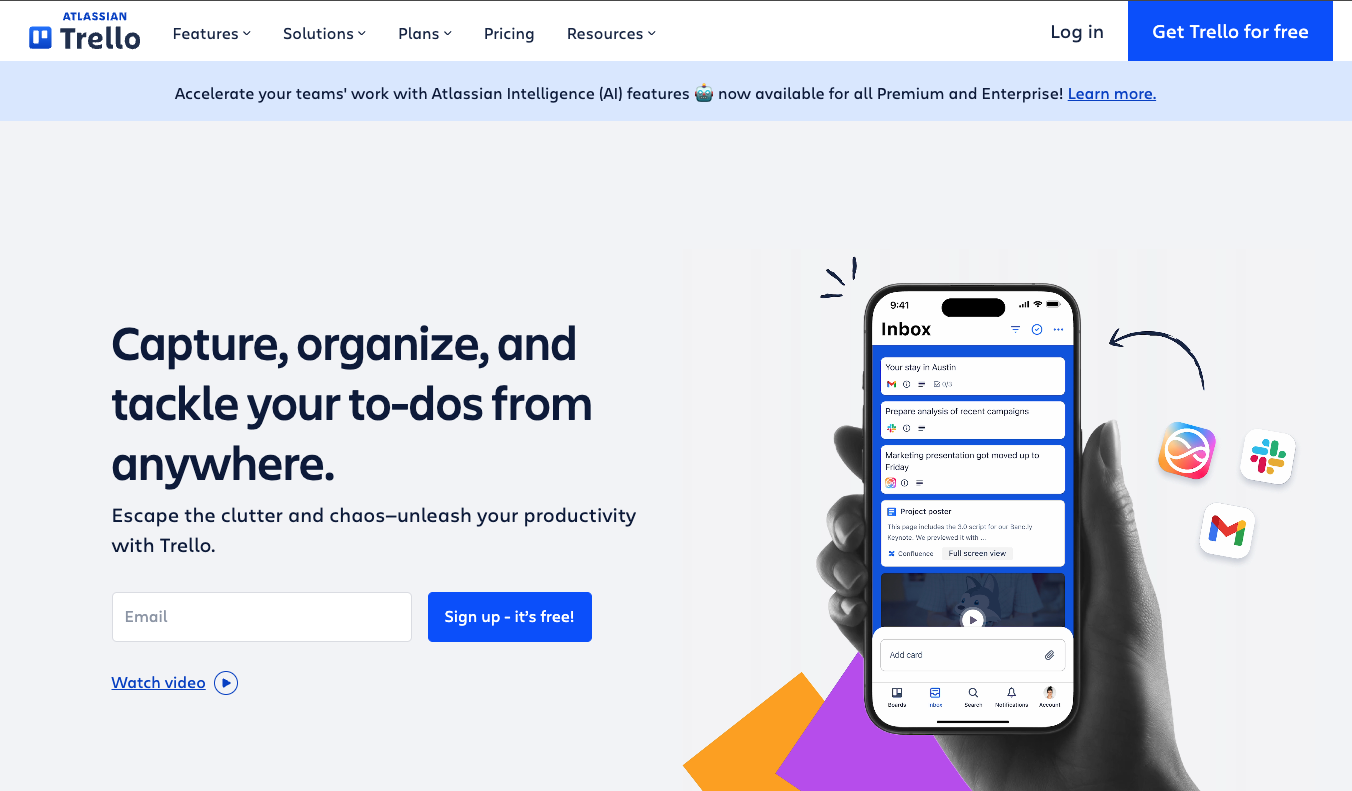 Screenshot of the Trello homepage displaying productivity and organization features that can be used as conference planning tools to coordinate event tasks and schedules.