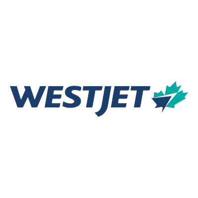 WestJet logo with stylized maple leaf symbol.