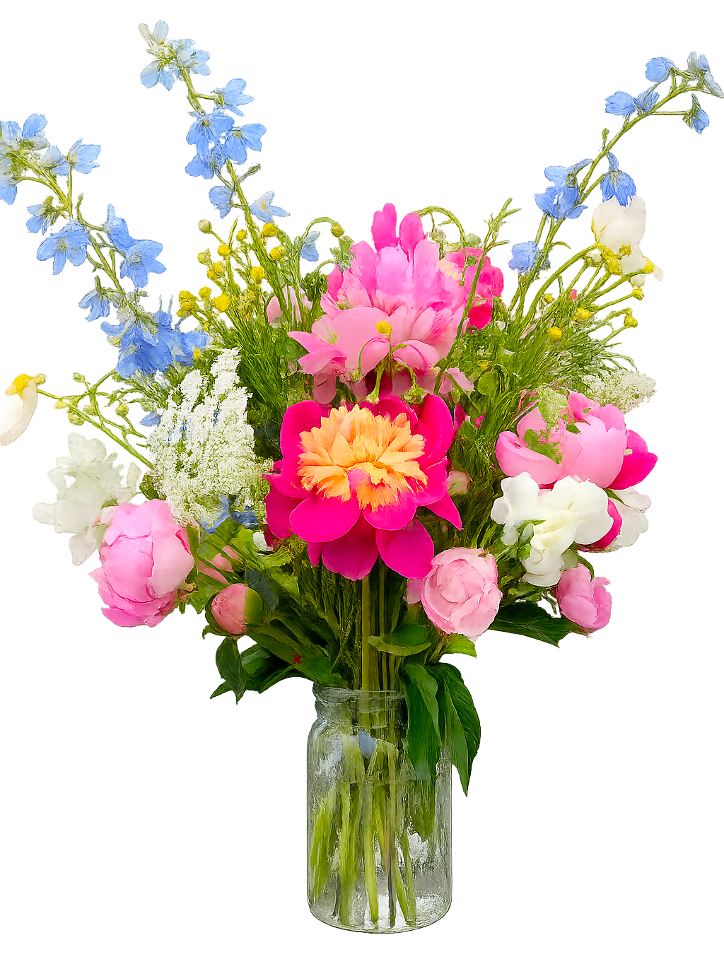 A bouquet of colorful flowers in a clear glass vase, includes pink, white, blue, and yellow flowers.
