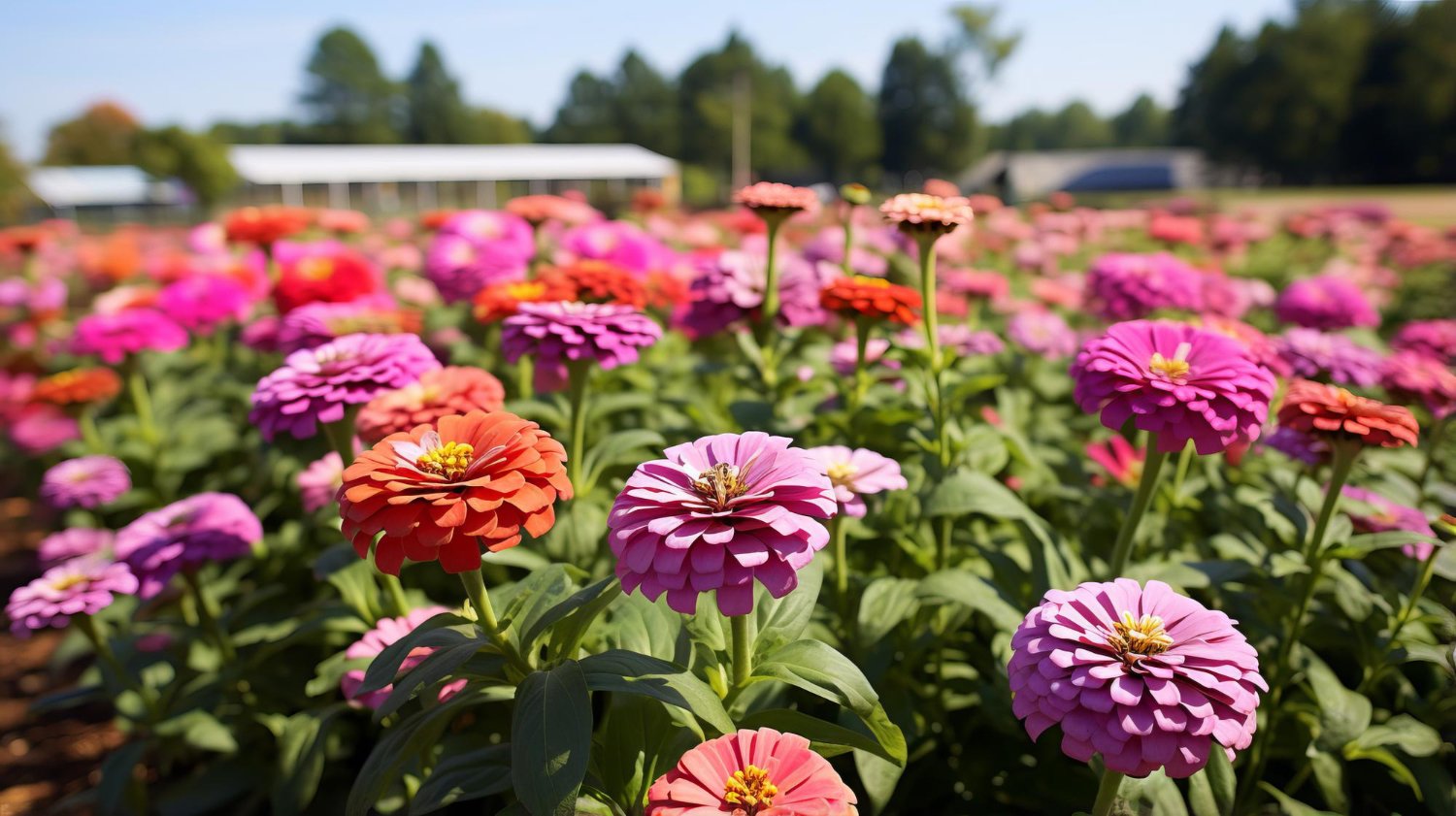 A colorful field of zinnia flowers in pink, purple, orange, and red, with a farm building and trees in the distance on a sunny day.