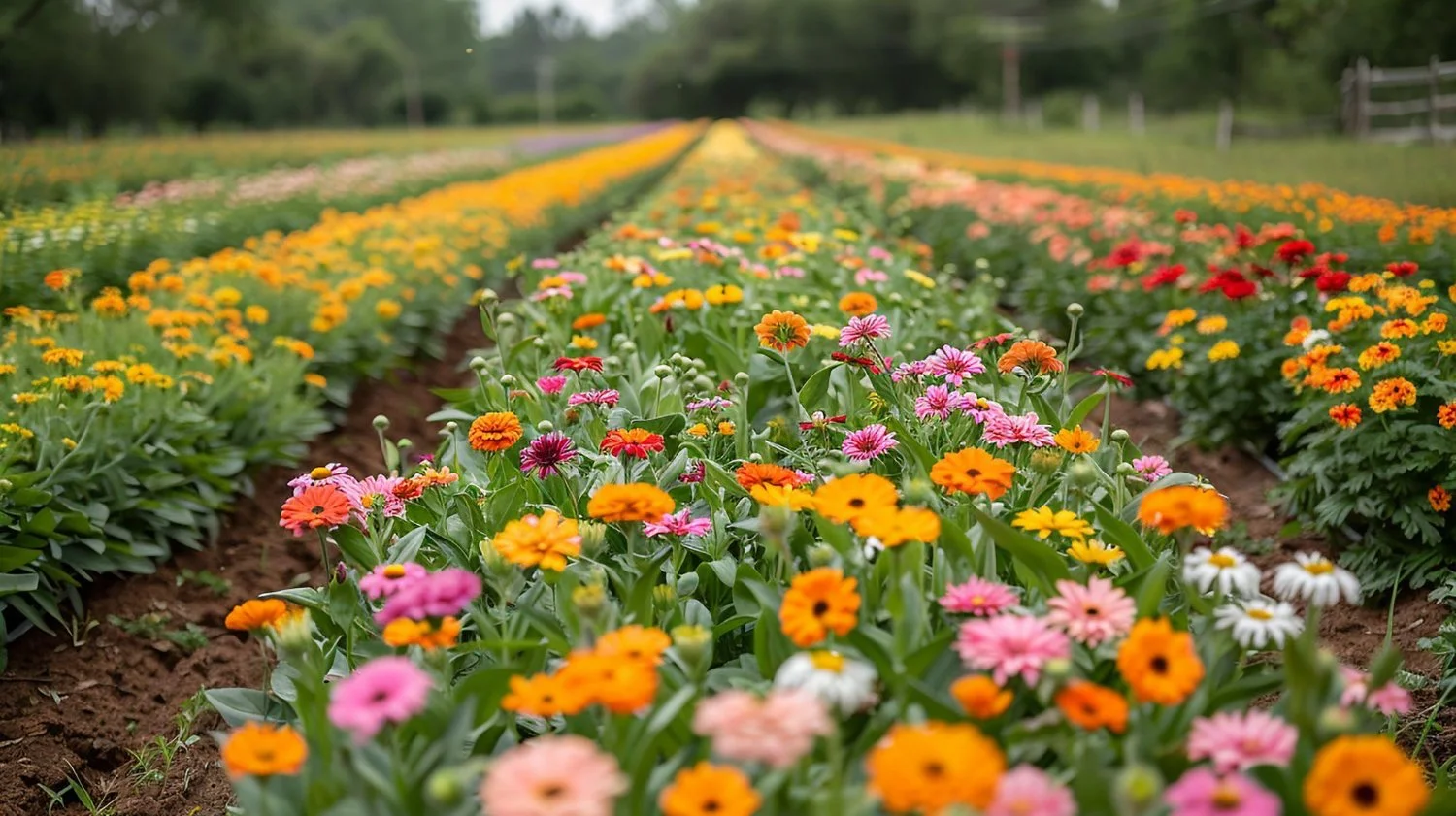 A colorful flower field with various blossoms like pink, white, orange, and yellow on organized rows during daytime.