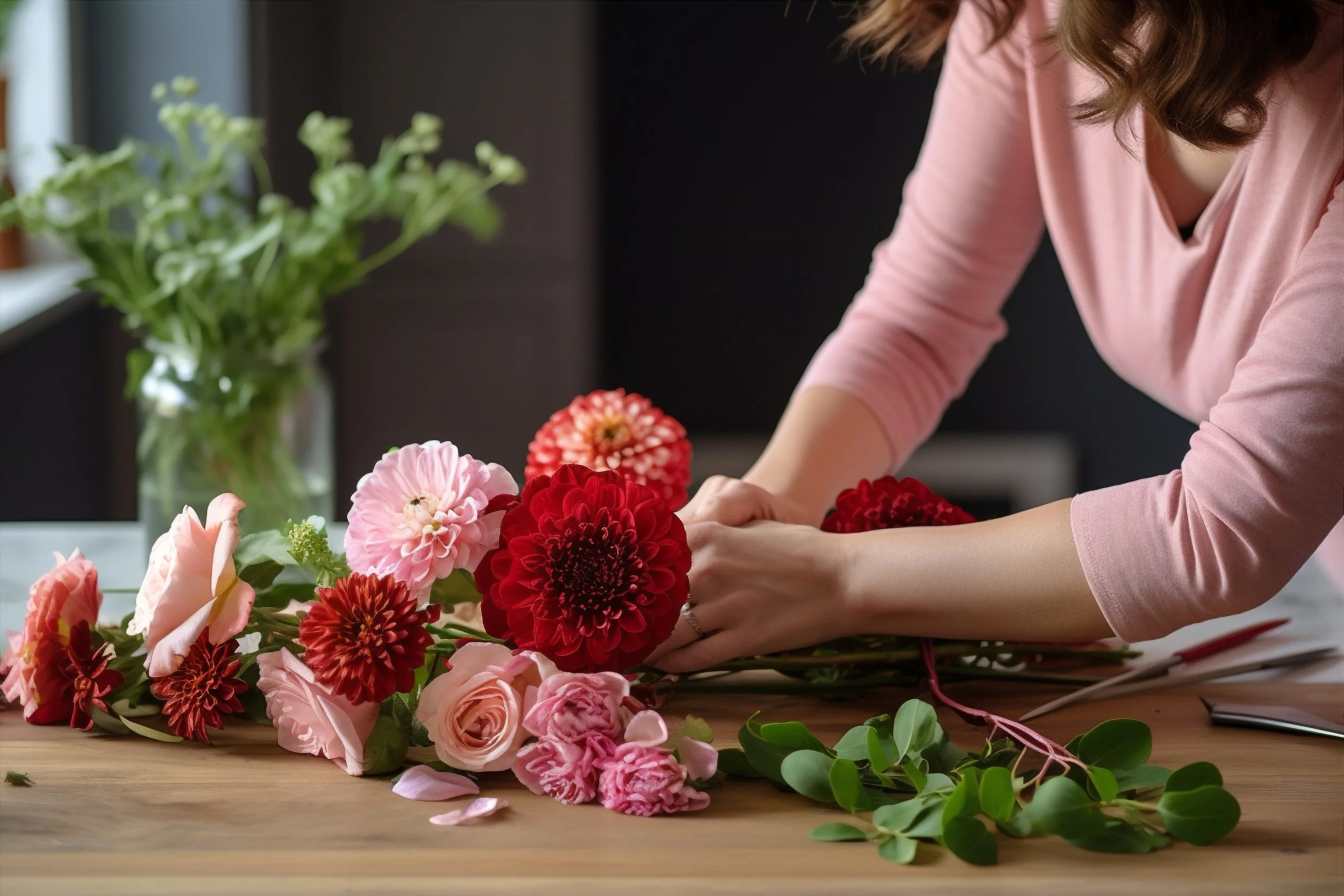A woman arranging a bouquet of pink, red, and peach flowers on a wooden table. Green leaves are scattered around and a small bouquet of similar flowers is in the background.