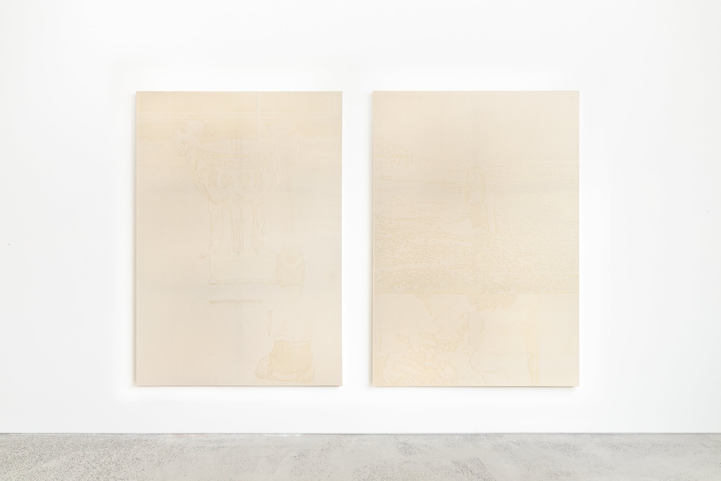  A letter to my mother; A letter to your mother , 2026, rabbit skin glue on canvas, 250 x 175 cm (each). Documentation by Panisa Ongwat.