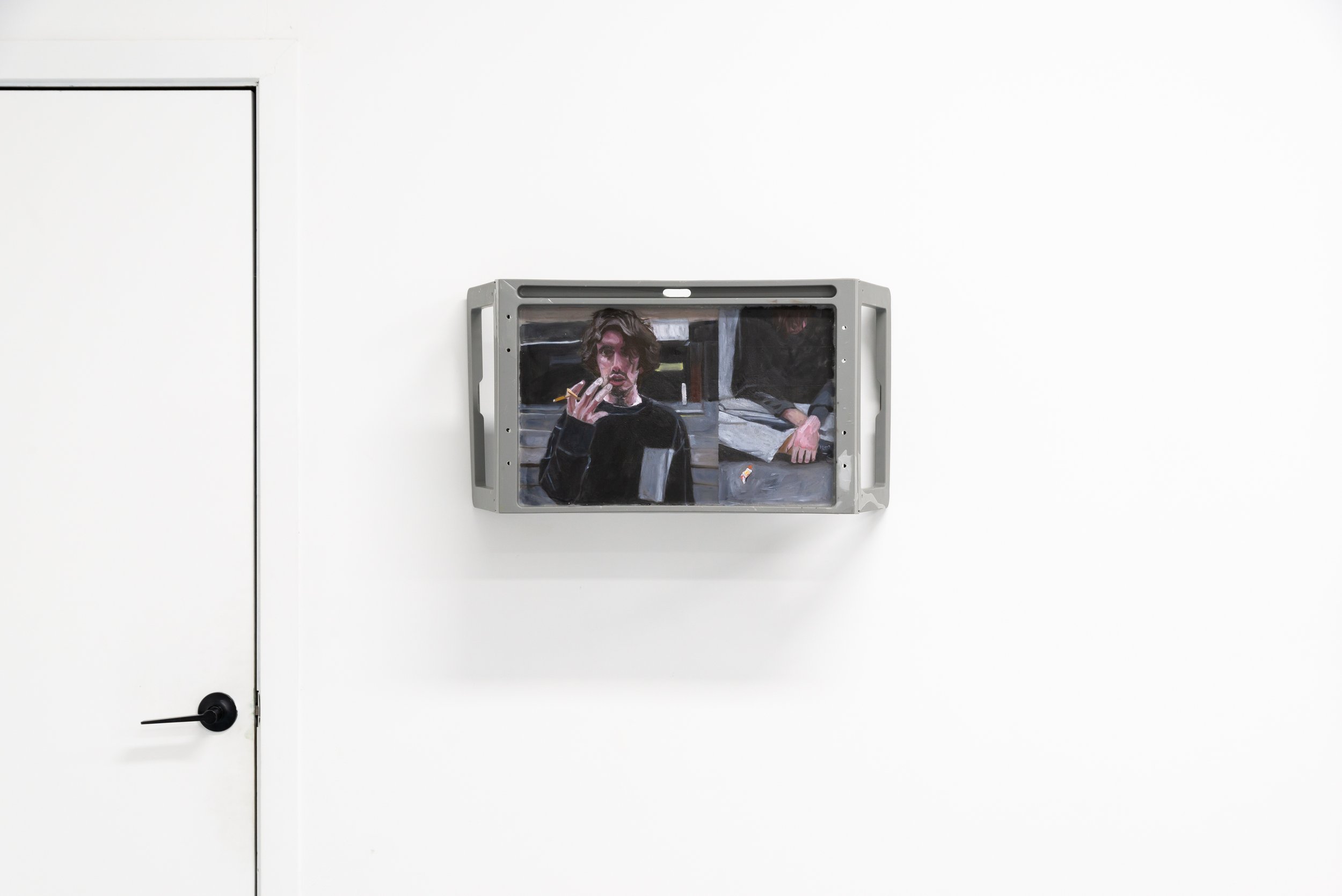  Untitled (white cis hetero man, melbourne aesthetic, black and grey ill-fitting clothes, street fashion, brown shaggy hair, rolled cigarette)   
2023.   
Oil on paraffin wax.  
Documentation by Sebastian Kainey.