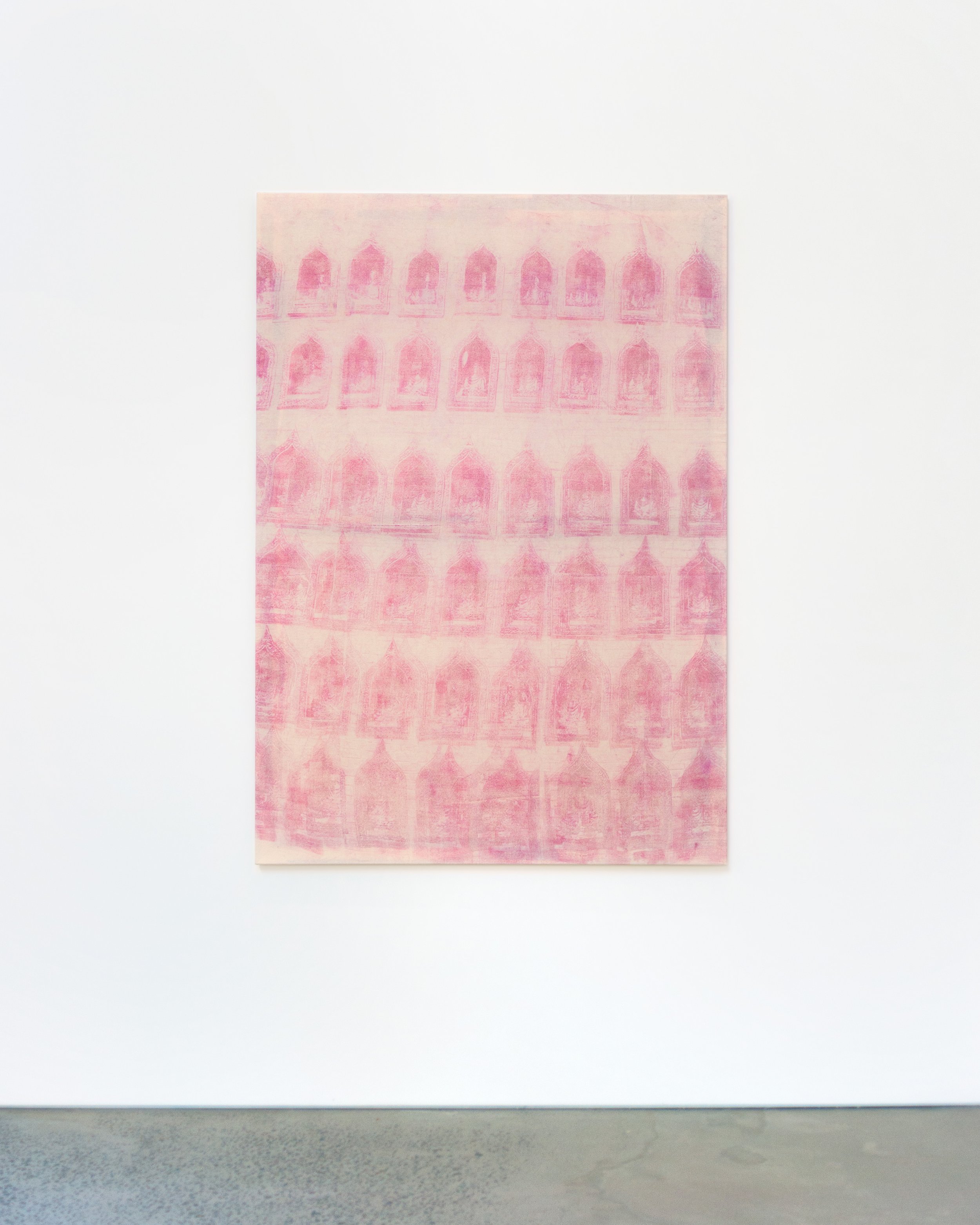  A Wall of Exotic Figures   
2025.  
Inkjet print transfer via 'Meow' by Katy Perry and 'Gardenia' by Zara on calico.  
162 x 114 cm.  
Documentation by Panisa Ongwat.