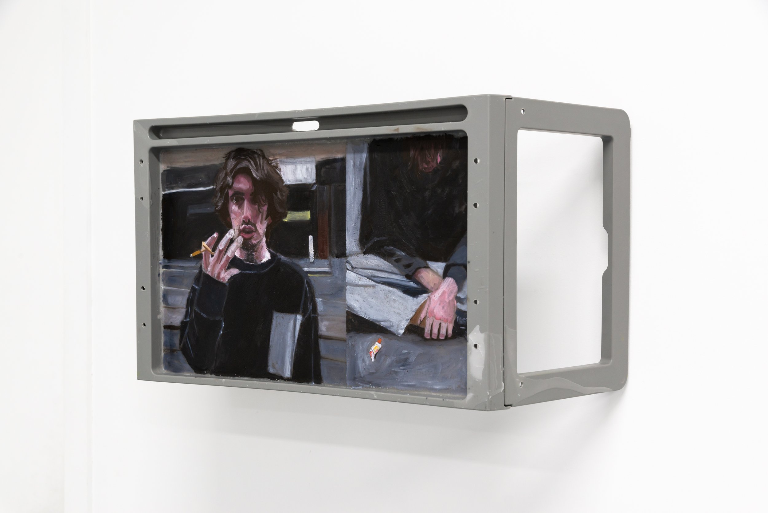  Untitled (white cis hetero man, melbourne aesthetic, black and grey ill-fitting clothes, street fashion, brown shaggy hair, rolled cigarette)   
2023.  
Oil on paraffin wax.  
Documentation by Sebastian Kainey.