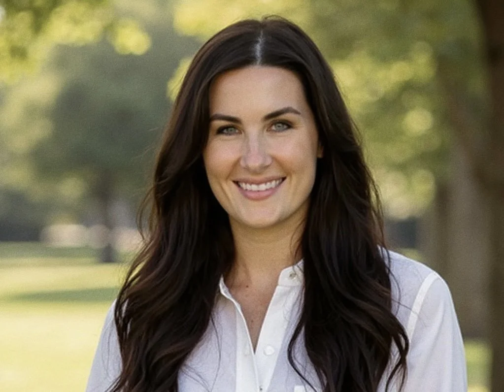 A smiling woman with long dark hair and blue eyes outdoors in a park with blurred trees and greenery in the background.