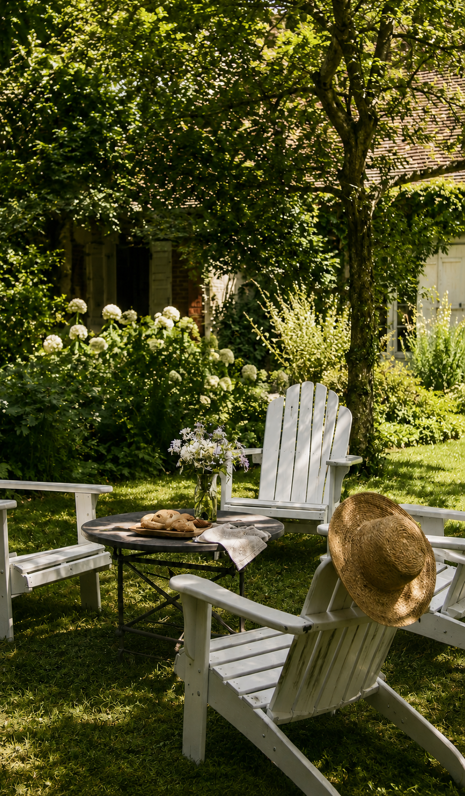 A backyard garden scene with a round table set for outdoor dining, surrounded by white wooden chairs. The table has a vase of flowers, a loaf of bread, and a cloth napkin. There's a large straw hat on one of the chairs, lush greenery, flowering plants, and a tree providing shade.