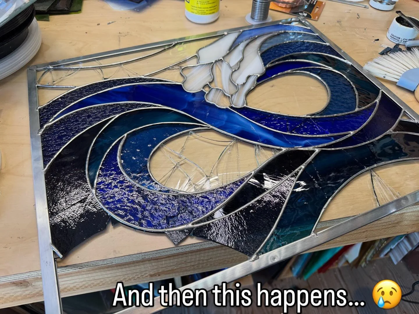 Working in glass, sometimes you just have just take a deep breath and move forward #stainedglassartist #broken