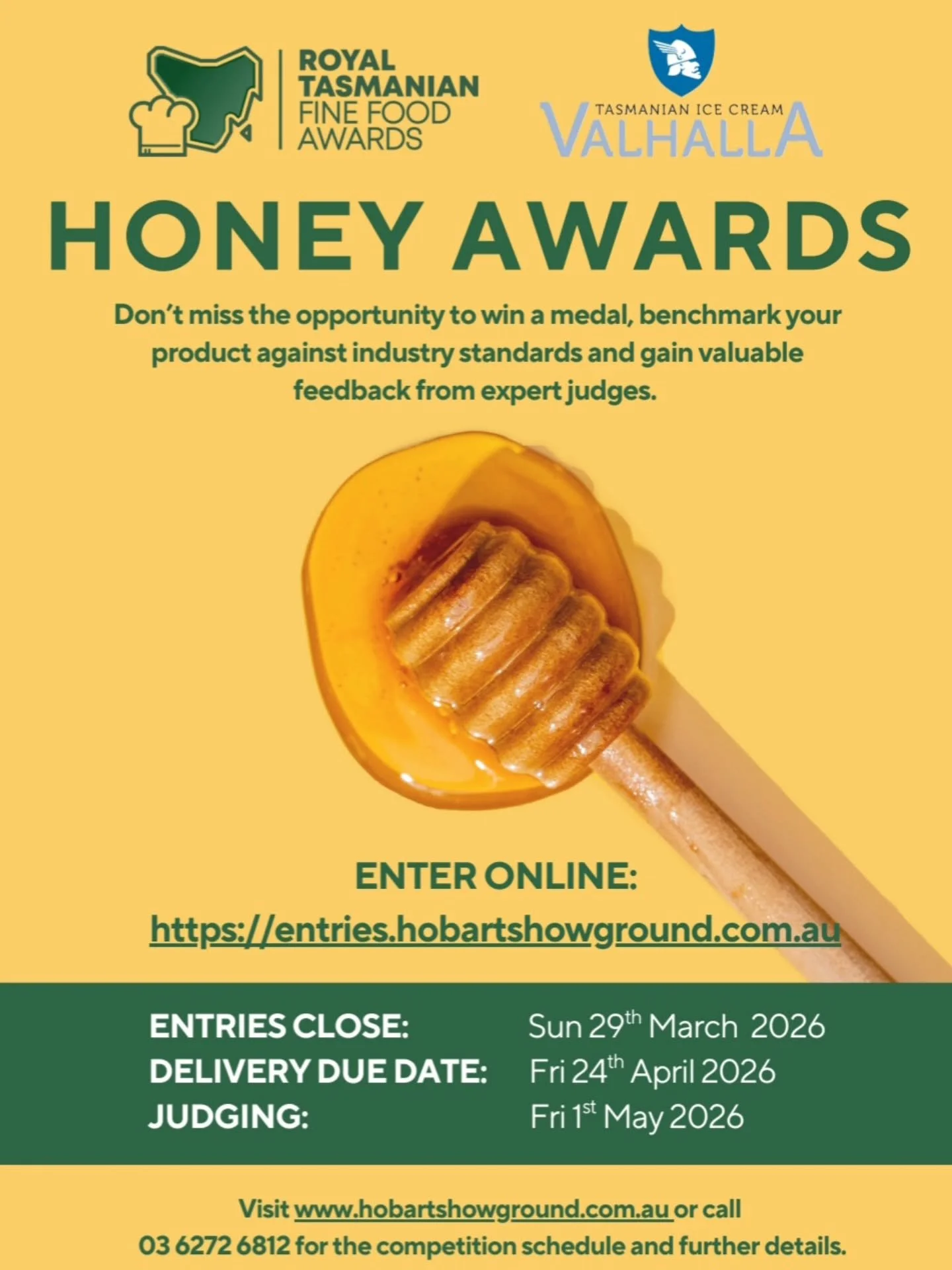 Australian honey legends&hellip; this is your sign.

Entries are NOW OPEN for the Tasmanian Fine Food Awards, and yes ,that includes you all on the mainland.

You do not have to be a big commercial packer.
If your honey is commercially available, eve