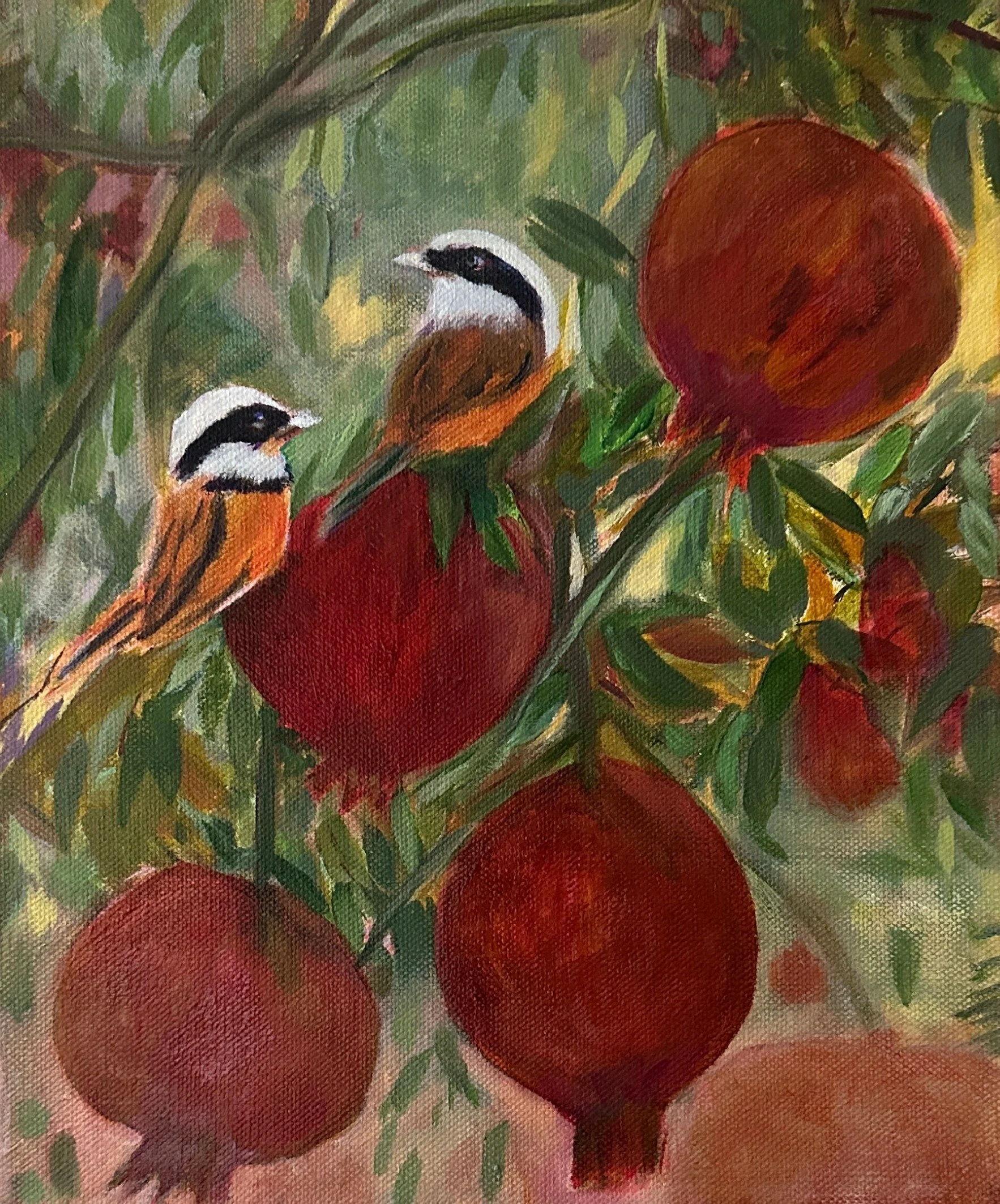 Painting of multiple pomegranates with green leaves, rendered in a loose, impressionistic style.
