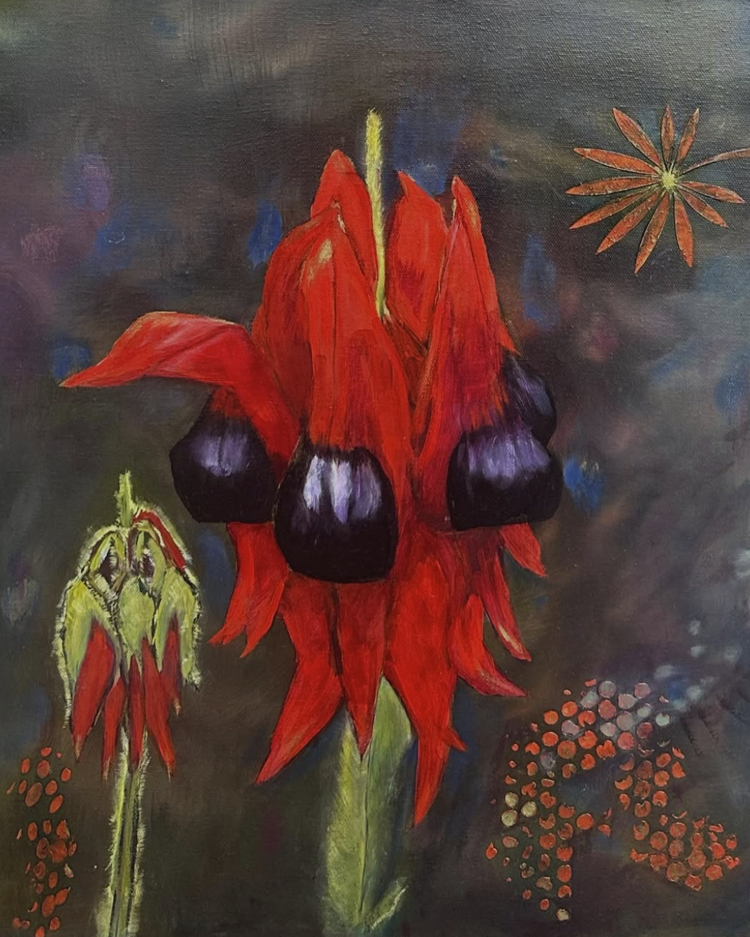 A painting of a red flower with dark purple berry-like structures and green leaves against a dark background with abstract shapes and light spots.