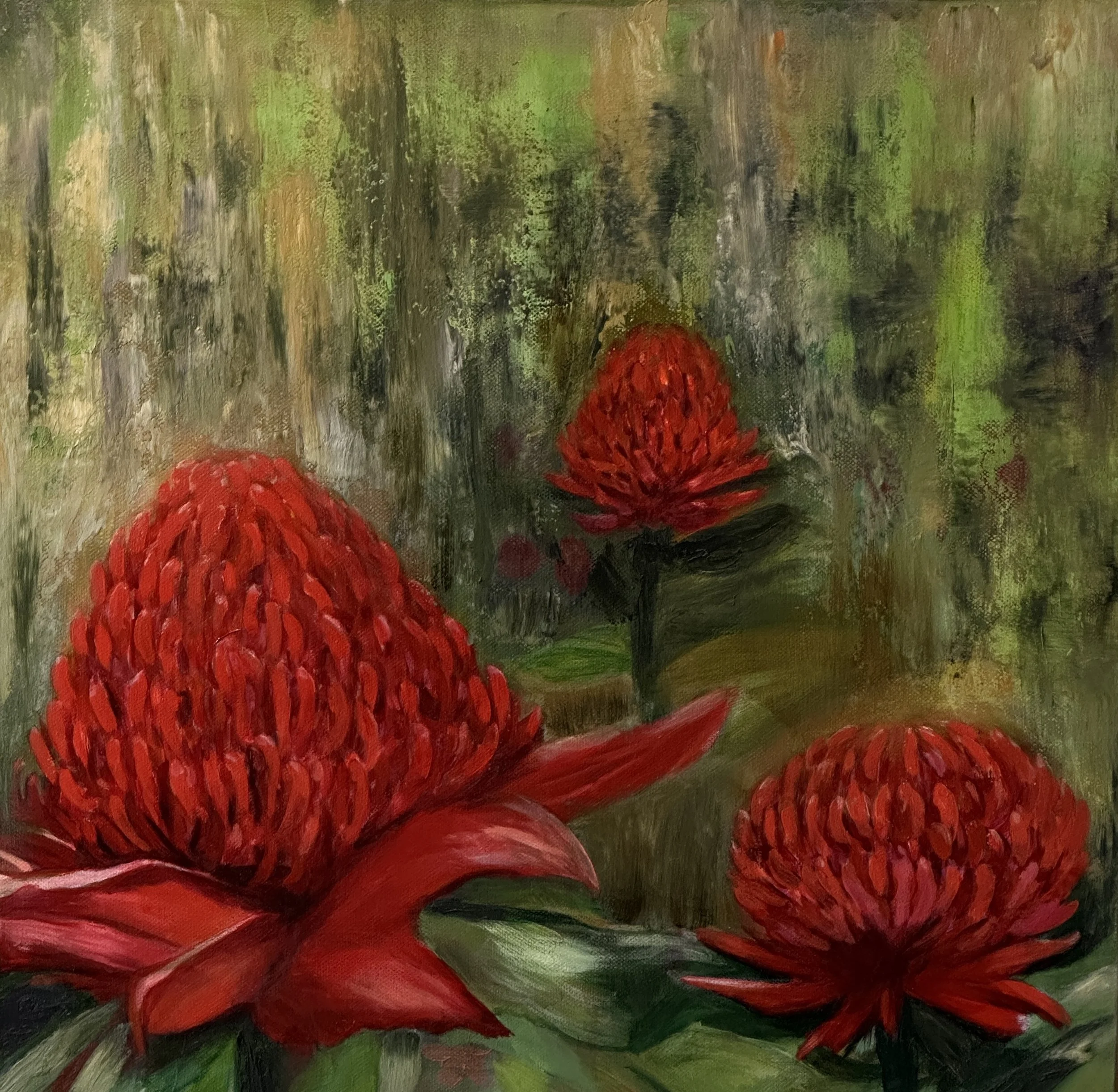A painting of large red flowers with dark centers and green leaves in an impressionistic style, with a textured brushstroke technique.