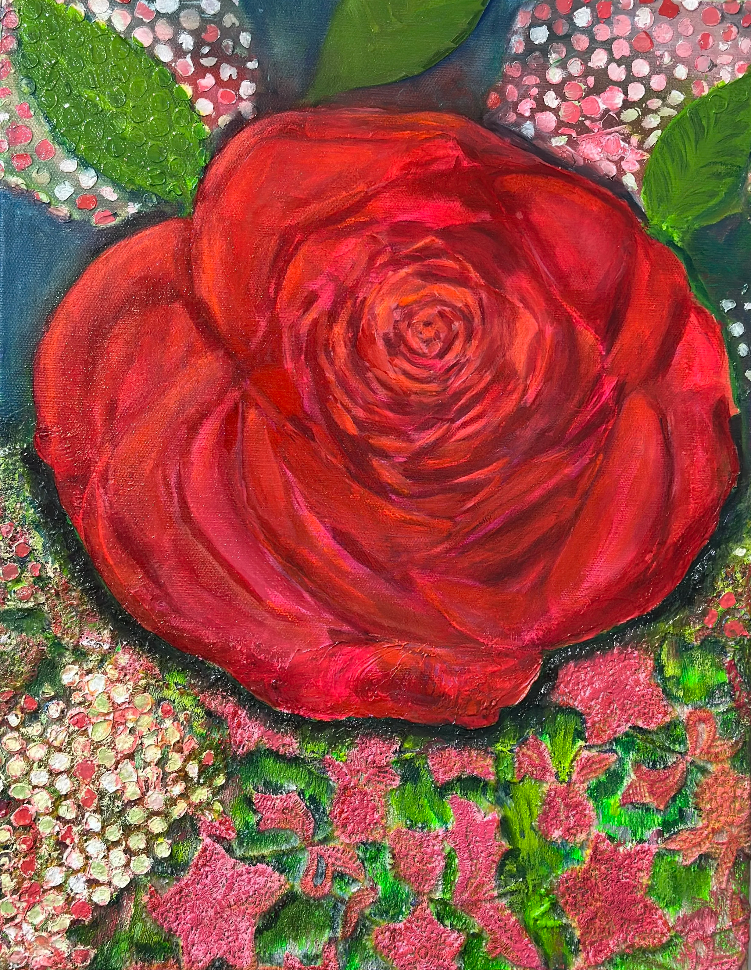An oil painting of a large red rose surrounded by pink flowers, green leaves, and white dot accents in a colorful floral setting.