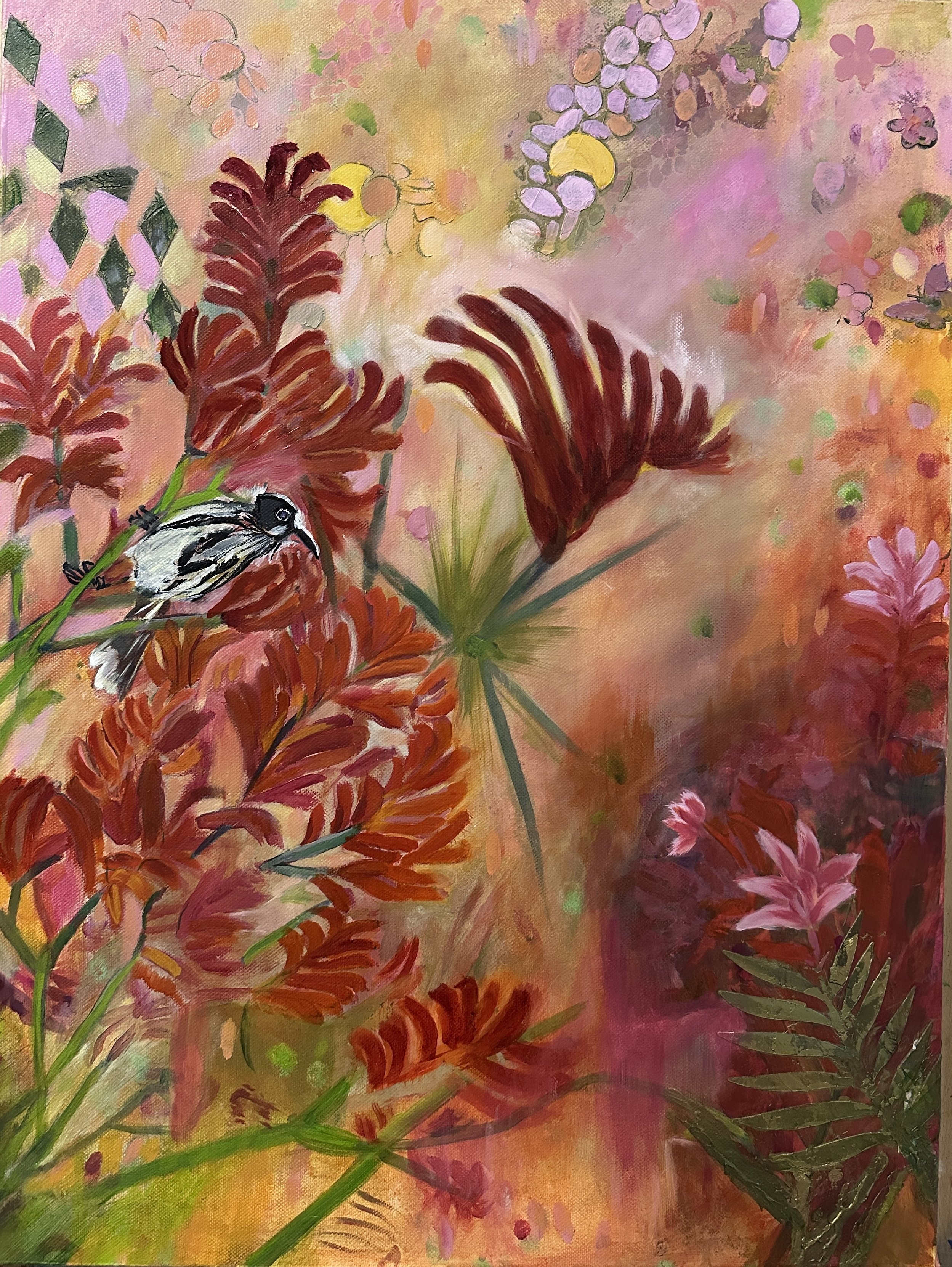 A colorful painting of various flowers and plants with a small bird perched on a green stem in a vibrant garden scene.