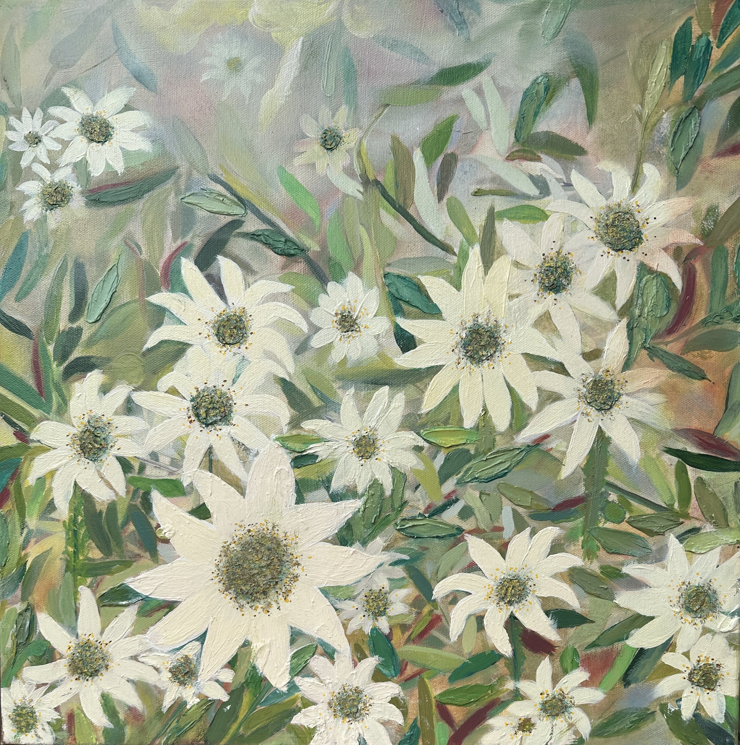 A painting of white flowers with yellow and green centers surrounded by green leaves, painted in an impressionistic style with textured brushstrokes.